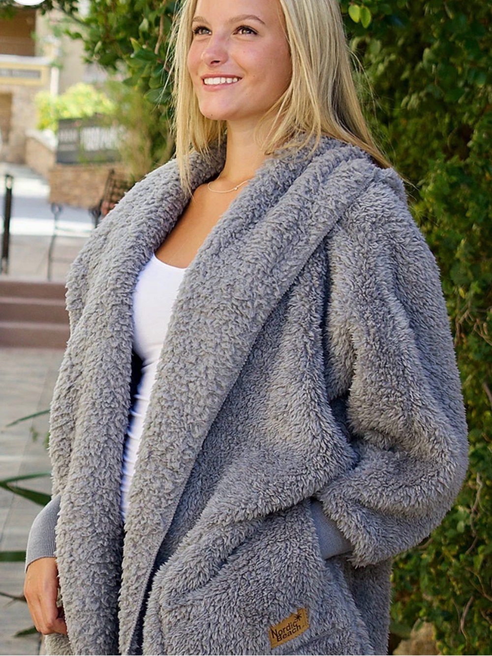 Nordic Beach Plush Shawl-Collar Teddy Jacket in Grey
